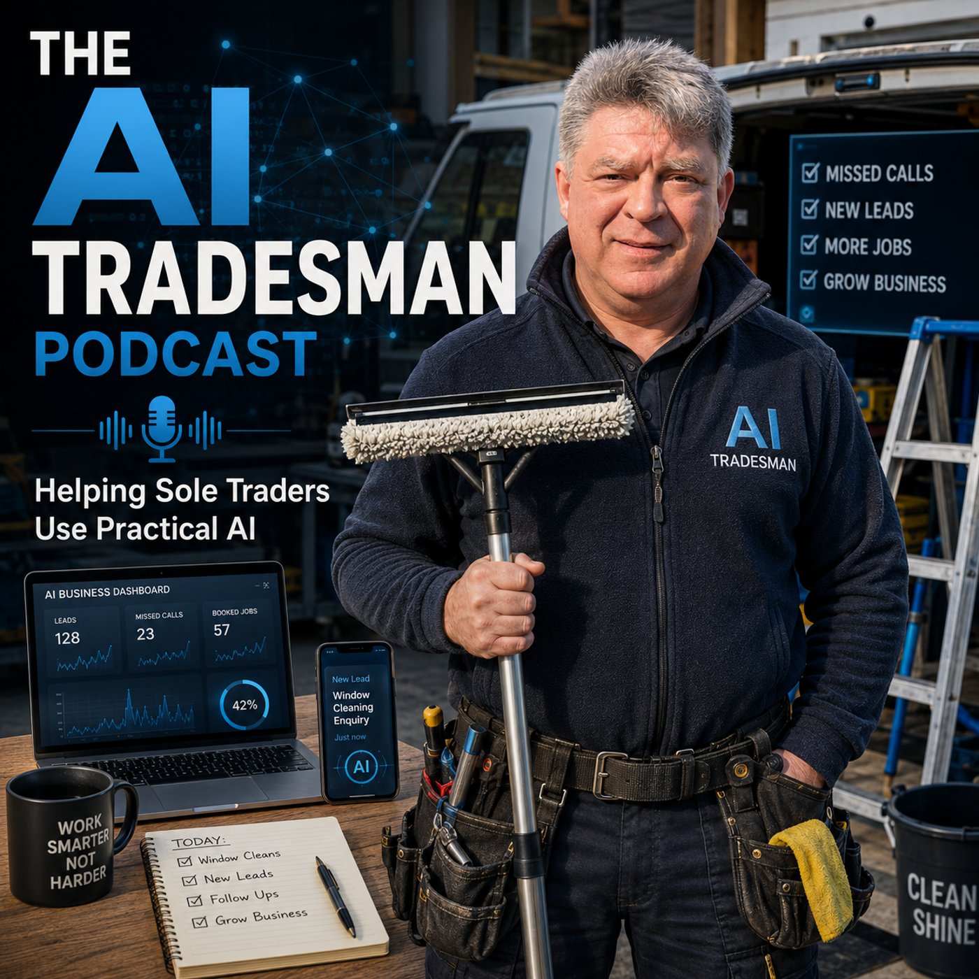 Rick Seaby in his AI Tradesman work clothes, holding window-cleaning equipment